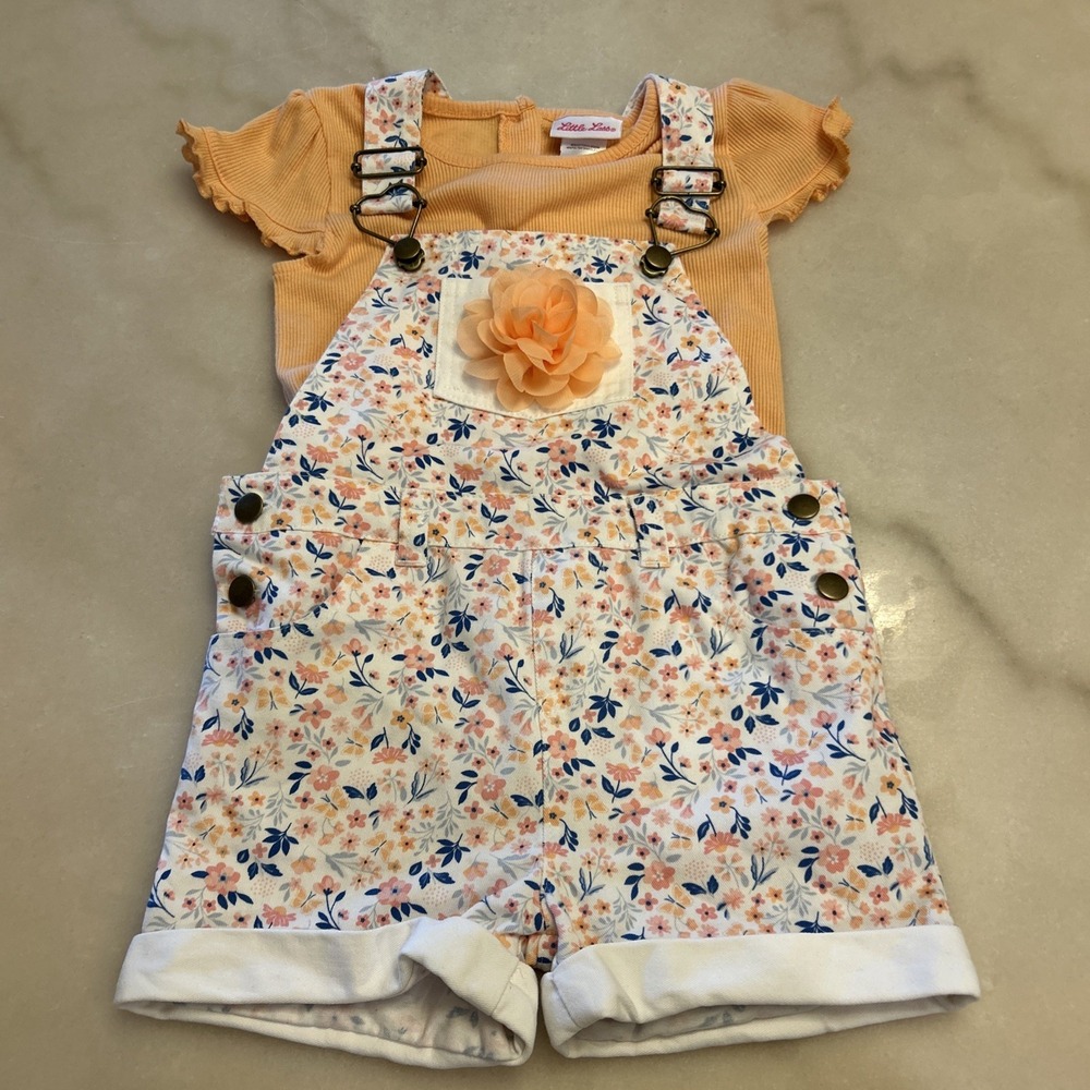 Little Lass Girls Short Bib Overall 2 Piece Set Flowers Butterfly Orange Sz 5Y